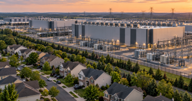 Vue aérienne d’un immense complexe de data centers à Ashburn, en Virginie, construit à proximité immédiate d’un quartier résidentiel américain, avec maisons, serveurs, installations électriques et lignes à haute tension.