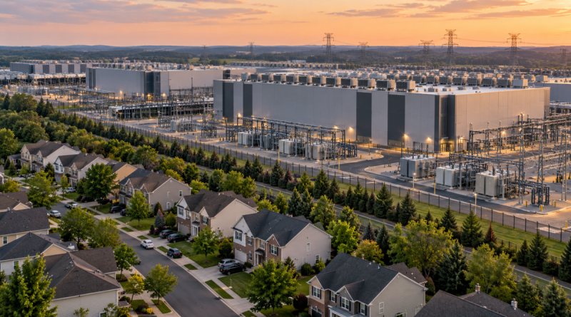 Vue aérienne d’un immense complexe de data centers à Ashburn, en Virginie, construit à proximité immédiate d’un quartier résidentiel américain, avec maisons, serveurs, installations électriques et lignes à haute tension.