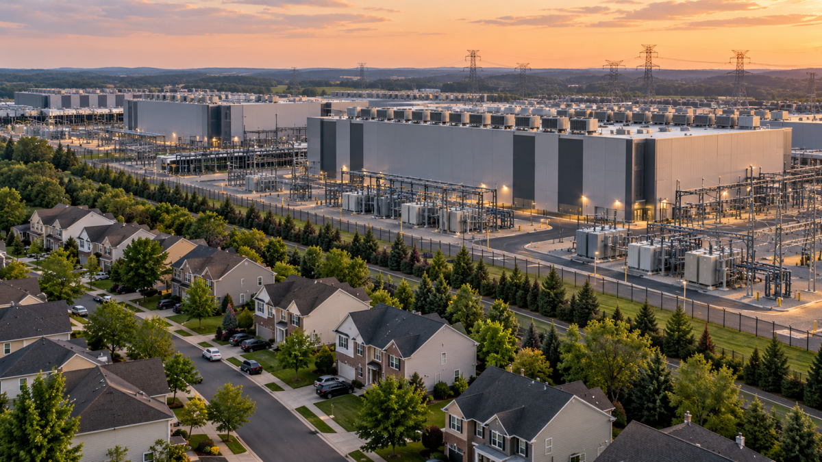 Vue aérienne d’un immense complexe de data centers à Ashburn, en Virginie, construit à proximité immédiate d’un quartier résidentiel américain, avec maisons, serveurs, installations électriques et lignes à haute tension.
