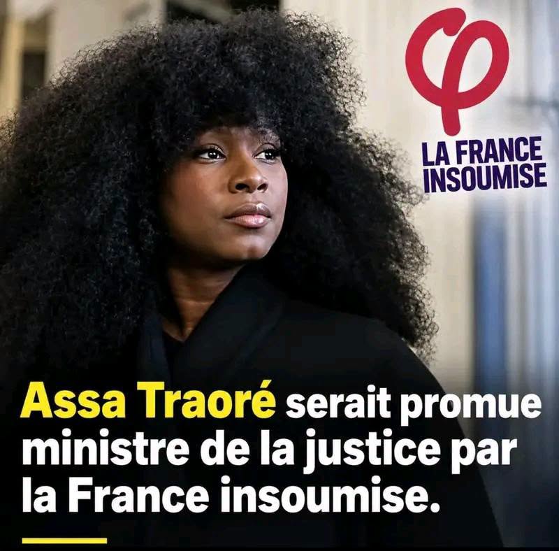 Assa Traoré devant le logo de La France insoumise sur une image virale affirmant qu’elle serait promue ministre de la Justice par LFI.