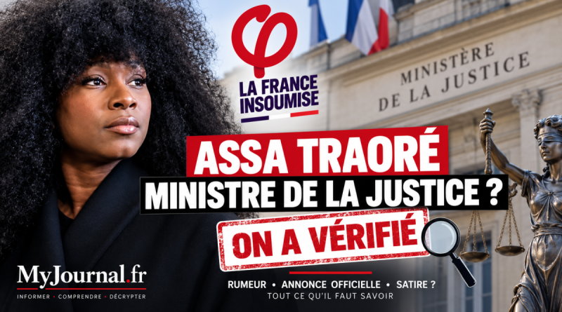 Assa Traoré devant le logo de La France insoumise et le ministère de la Justice, avec la question « ministre de la Justice ? » et la mention « On a vérifié ».