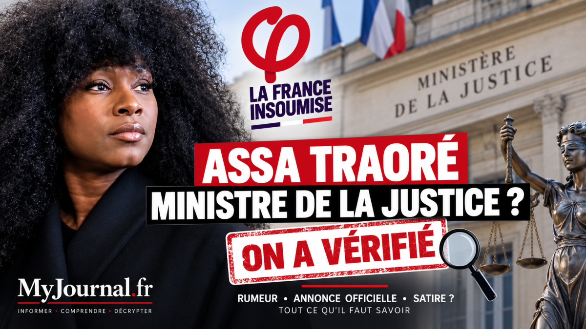 Assa Traoré devant le logo de La France insoumise et le ministère de la Justice, avec la question « ministre de la Justice ? » et la mention « On a vérifié ».