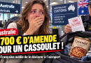 Illustration d’une voyageuse en larmes dans un aéroport en Australie, avec une amende de 2 700 euros et une boîte de cassoulet retrouvée dans son bagage.