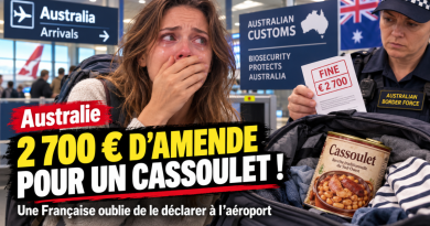 Illustration d’une voyageuse en larmes dans un aéroport en Australie, avec une amende de 2 700 euros et une boîte de cassoulet retrouvée dans son bagage.