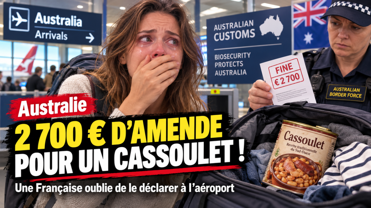 Illustration d’une voyageuse en larmes dans un aéroport en Australie, avec une amende de 2 700 euros et une boîte de cassoulet retrouvée dans son bagage.