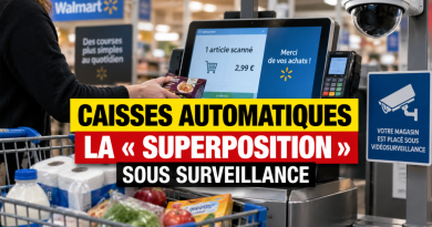 Illustration d’une caisse automatique de supermarché sous vidéosurveillance évoquant la technique de la superposition