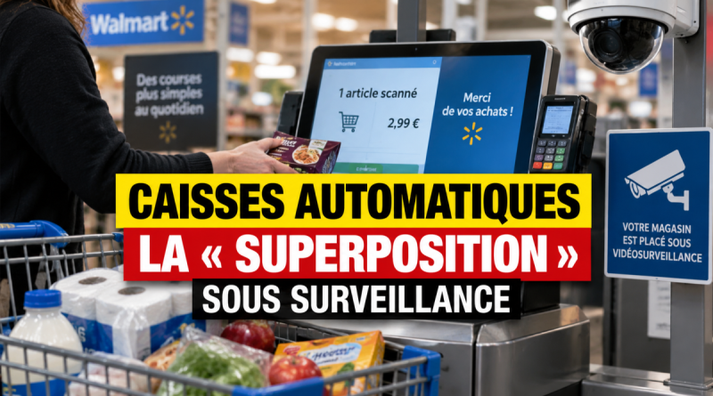 Illustration d’une caisse automatique de supermarché sous vidéosurveillance évoquant la technique de la superposition