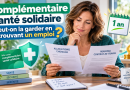 Illustration d’une femme comparant un document d’allocations chômage et un nouveau contrat de travail, avec des éléments visuels liés à la Complémentaire santé solidaire, pour expliquer si la C2S peut être conservée après une reprise d’emploi.