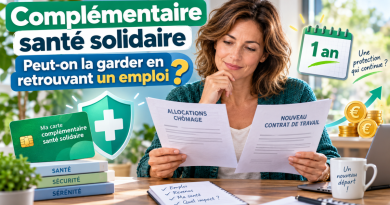 Illustration d’une femme comparant un document d’allocations chômage et un nouveau contrat de travail, avec des éléments visuels liés à la Complémentaire santé solidaire, pour expliquer si la C2S peut être conservée après une reprise d’emploi.