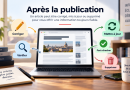 Illustration montrant un article publié sur ordinateur avec les étapes de vérification, correction, mise à jour, fact-checking et suppression sur MyJournal.fr.