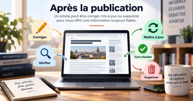 Illustration montrant un article publié sur ordinateur avec les étapes de vérification, correction, mise à jour, fact-checking et suppression sur MyJournal.fr.