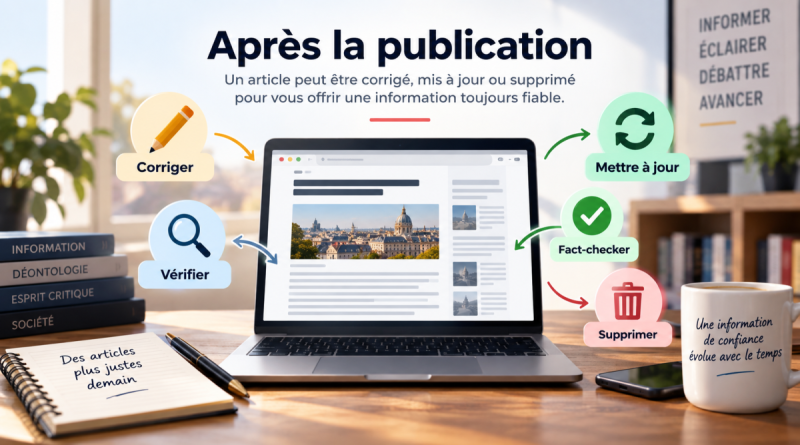 Illustration montrant un article publié sur ordinateur avec les étapes de vérification, correction, mise à jour, fact-checking et suppression sur MyJournal.fr.