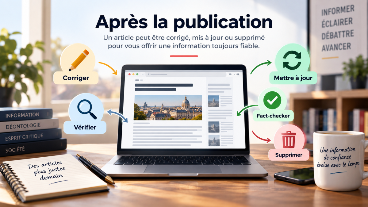 Illustration montrant un article publié sur ordinateur avec les étapes de vérification, correction, mise à jour, fact-checking et suppression sur MyJournal.fr.