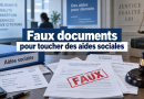 Illustration de faux documents utilisés pour obtenir des aides sociales, avec des dossiers administratifs, un tampon « FAUX » et un marteau de justice.