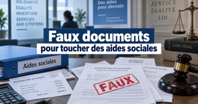 Illustration de faux documents utilisés pour obtenir des aides sociales, avec des dossiers administratifs, un tampon « FAUX » et un marteau de justice.