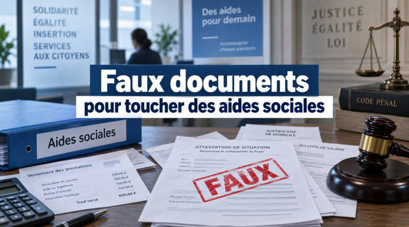 Illustration de faux documents utilisés pour obtenir des aides sociales, avec des dossiers administratifs, un tampon « FAUX » et un marteau de justice.