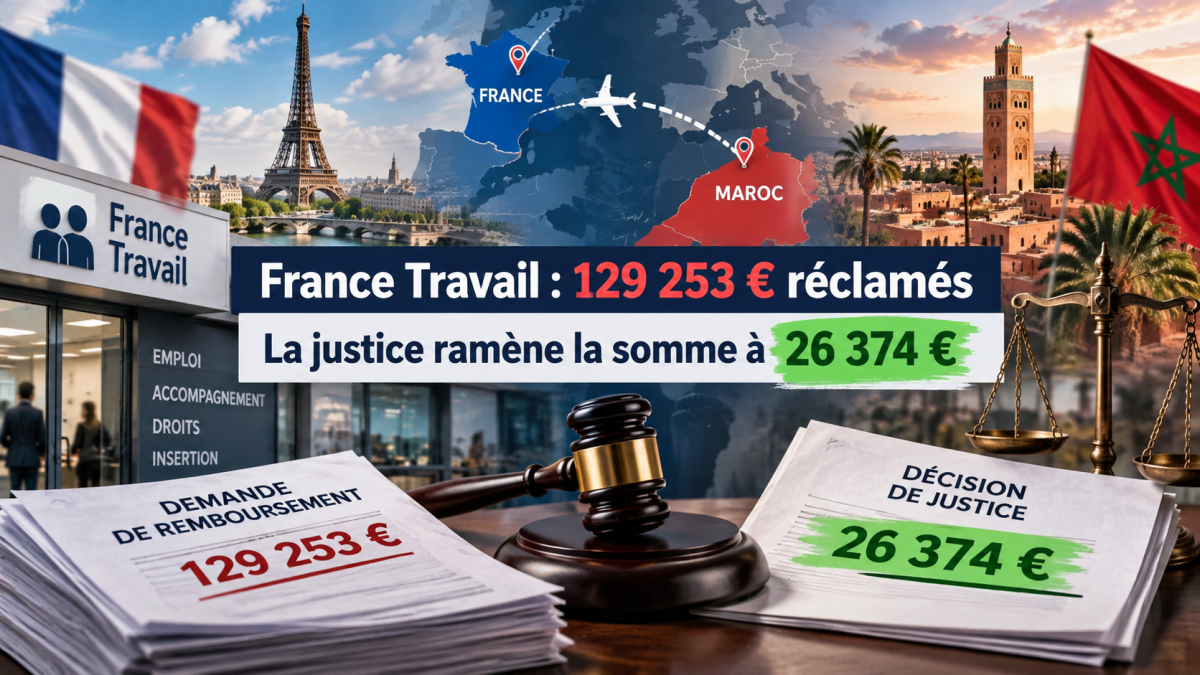 Illustration de l’affaire opposant France Travail à un allocataire ayant effectué de nombreux séjours au Maroc, avec 129 253 euros réclamés puis une dette ramenée à 26 374 euros par la justice.