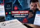 Illustration d’une fraude bancaire avec faux conseiller, SMS de phishing, smartphone affichant des virements frauduleux et une perte de 10 000 euros, accompagnée du message « Fraude bancaire : la banque doit-elle rembourser ? », pour expliquer les droits des victimes et les conditions de remboursement par la banque.