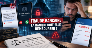 Illustration d’une fraude bancaire avec faux conseiller, SMS de phishing, smartphone affichant des virements frauduleux et une perte de 10 000 euros, accompagnée du message « Fraude bancaire : la banque doit-elle rembourser ? », pour expliquer les droits des victimes et les conditions de remboursement par la banque.
