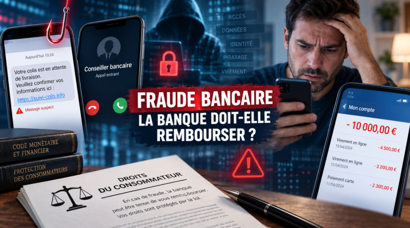 Illustration d’une fraude bancaire avec faux conseiller, SMS de phishing, smartphone affichant des virements frauduleux et une perte de 10 000 euros, accompagnée du message « Fraude bancaire : la banque doit-elle rembourser ? », pour expliquer les droits des victimes et les conditions de remboursement par la banque.