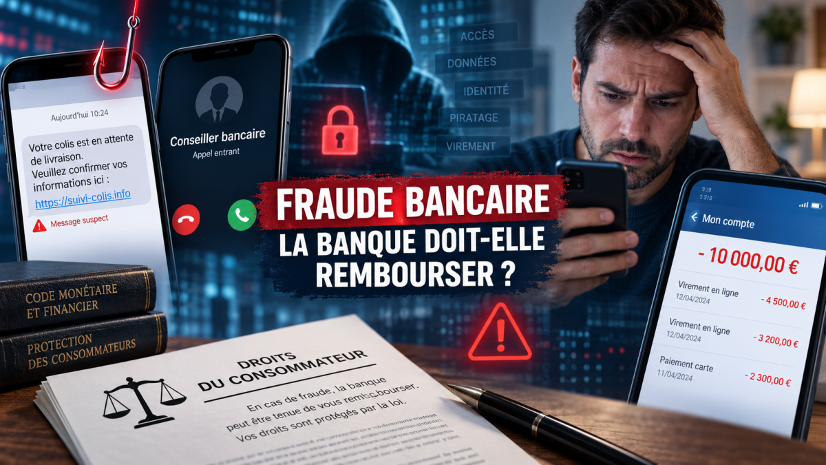 Illustration d’une fraude bancaire avec faux conseiller, SMS de phishing, smartphone affichant des virements frauduleux et une perte de 10 000 euros, accompagnée du message « Fraude bancaire : la banque doit-elle rembourser ? », pour expliquer les droits des victimes et les conditions de remboursement par la banque.