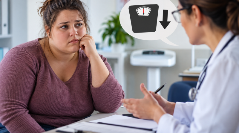 Illustration d’une patiente en surpoids face à une médecin pendant une consultation médicale, avec un symbole de balance et une flèche vers le bas évoquant la perte de poids, la grossophobie médicale, la stigmatisation liée au poids et la place parfois excessive accordée au poids dans la relation entre patient et soignant.