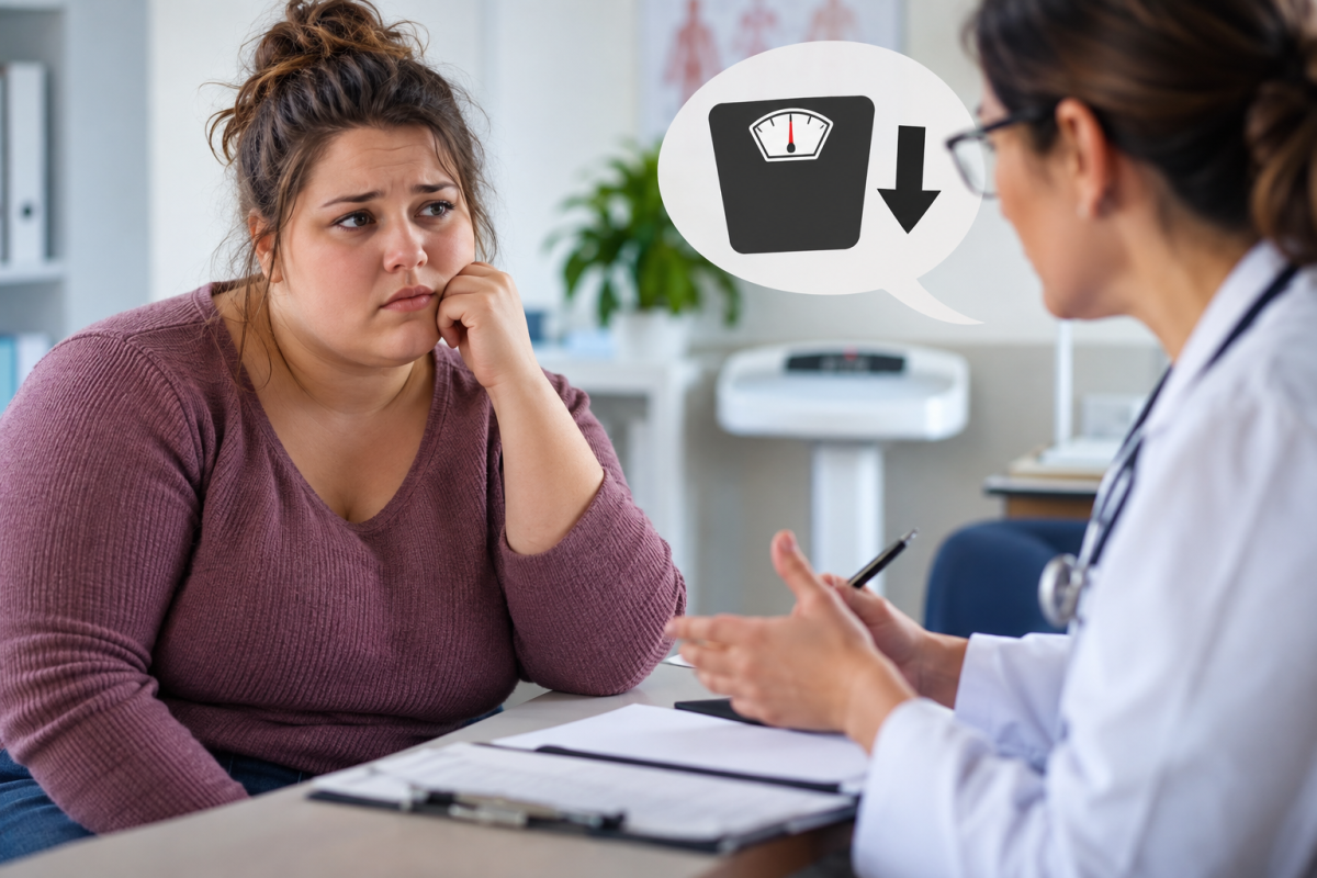 Illustration d’une patiente en surpoids face à une médecin pendant une consultation médicale, avec un symbole de balance et une flèche vers le bas évoquant la perte de poids, la grossophobie médicale, la stigmatisation liée au poids et la place parfois excessive accordée au poids dans la relation entre patient et soignant.