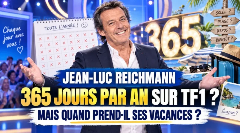 Jean-Luc Reichmann sur le plateau des 12 Coups de midi avec un calendrier 365 jours et un décor de vacances, illustrant la question de ses congés malgré sa présence quotidienne sur TF1.