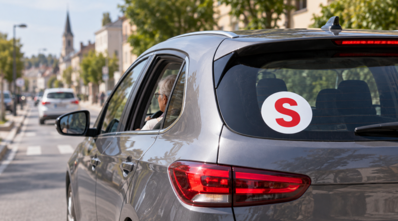 Voiture grise circulant en ville avec un macaron S rouge apposé à l’arrière, illustrant l’autocollant utilisé par certains conducteurs seniors en France.