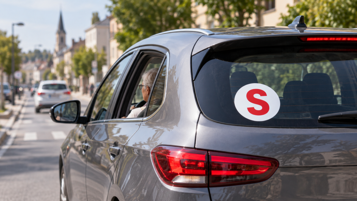 Voiture grise circulant en ville avec un macaron S rouge apposé à l’arrière, illustrant l’autocollant utilisé par certains conducteurs seniors en France.