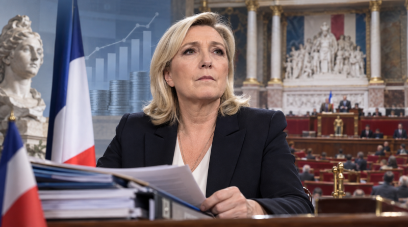 Marine Le Pen devant des documents budgétaires, avec l’Assemblée nationale et le drapeau français en arrière-plan, illustration de sa stratégie concernant le budget 2027 avant l’élection présidentielle.