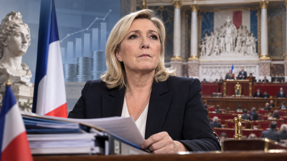 Marine Le Pen devant des documents budgétaires, avec l’Assemblée nationale et le drapeau français en arrière-plan, illustration de sa stratégie concernant le budget 2027 avant l’élection présidentielle.