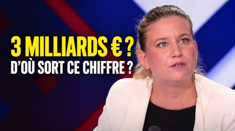 Visuel éditorial sur Mathilde Panot et son estimation de 3 milliards d’euros liée à la régularisation de 250 000 travailleurs sans papiers, avec le texte « 3 milliards € ? D’où sort ce chiffre ? ».