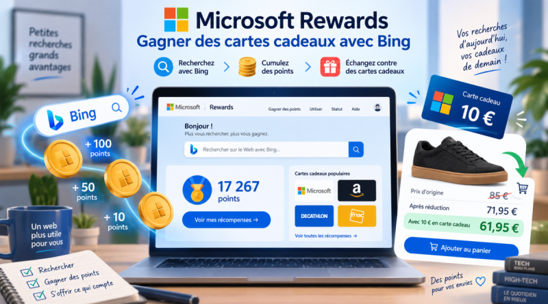 Illustration Microsoft Rewards montrant comment gagner des cartes cadeaux avec Bing et réduire le prix d’une paire de chaussures Vans achetée sur Zalando