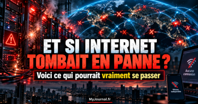 Illustration d’une panne mondiale d’Internet avec data centers en surchauffe, connexions coupées sur une carte du monde et appareils affichant une absence de réseau.