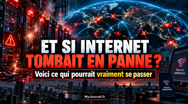 Illustration d’une panne mondiale d’Internet avec data centers en surchauffe, connexions coupées sur une carte du monde et appareils affichant une absence de réseau.