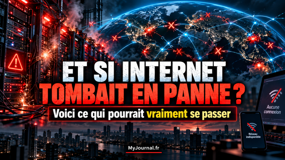 Illustration d’une panne mondiale d’Internet avec data centers en surchauffe, connexions coupées sur une carte du monde et appareils affichant une absence de réseau.