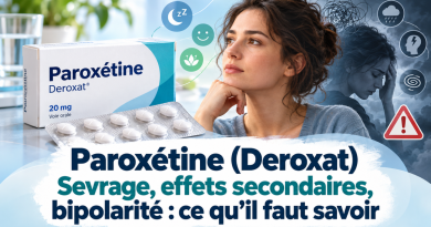 Illustration d’un article consacré à la paroxétine, commercialisée notamment sous le nom de Deroxat, montrant une boîte de médicament, des comprimés et une femme pensive, avec une évocation visuelle des effets secondaires, du sevrage et des précautions liées au trouble bipolaire.
