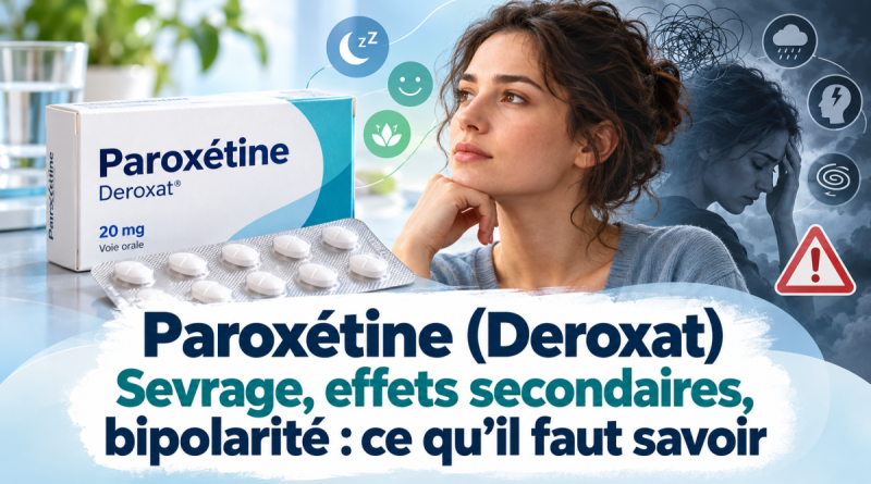 Illustration d’un article consacré à la paroxétine, commercialisée notamment sous le nom de Deroxat, montrant une boîte de médicament, des comprimés et une femme pensive, avec une évocation visuelle des effets secondaires, du sevrage et des précautions liées au trouble bipolaire.