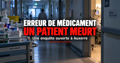 Illustration d’un couloir d’hôpital et de médicaments évoquant le décès d’un patient de 77 ans après une erreur d’administration médicamenteuse au centre hospitalier d’Auxerre.