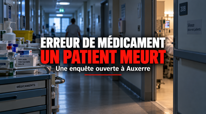Illustration d’un couloir d’hôpital et de médicaments évoquant le décès d’un patient de 77 ans après une erreur d’administration médicamenteuse au centre hospitalier d’Auxerre.