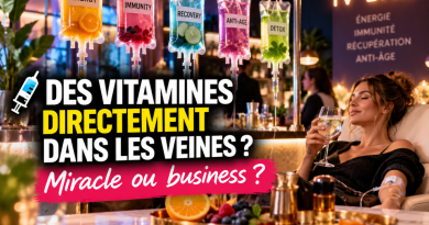Illustration d’un bar à vitamines intraveineuses avec plusieurs poches de perfusion colorées présentées comme des cocktails bien-être pour l’énergie, l’immunité, la récupération, l’anti-âge et la détox, tandis qu’une femme reçoit une perfusion, avec le texte « Des vitamines directement dans les veines ? Miracle ou business ? »