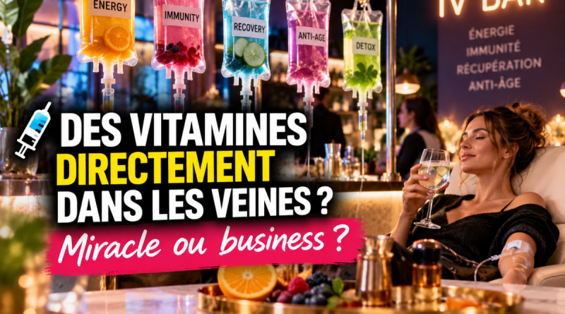 Illustration d’un bar à vitamines intraveineuses avec plusieurs poches de perfusion colorées présentées comme des cocktails bien-être pour l’énergie, l’immunité, la récupération, l’anti-âge et la détox, tandis qu’une femme reçoit une perfusion, avec le texte « Des vitamines directement dans les veines ? Miracle ou business ? »