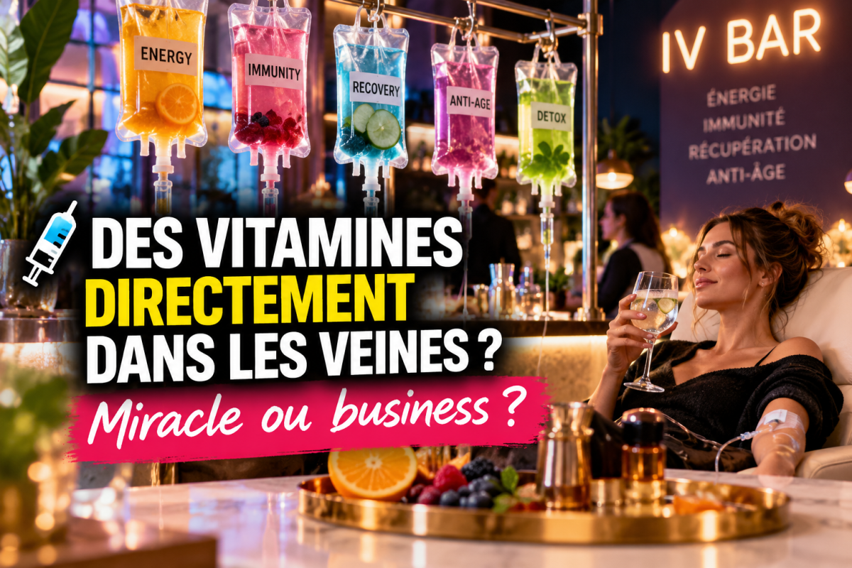 Illustration d’un bar à vitamines intraveineuses avec plusieurs poches de perfusion colorées présentées comme des cocktails bien-être pour l’énergie, l’immunité, la récupération, l’anti-âge et la détox, tandis qu’une femme reçoit une perfusion, avec le texte « Des vitamines directement dans les veines ? Miracle ou business ? »