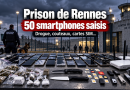 Illustration d’une importante saisie à la prison de Rennes-Vezin avec 50 smartphones, des stupéfiants, des couteaux, des cartes SIM et du matériel électronique découverts lors d’une fouille.