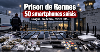 Illustration d’une importante saisie à la prison de Rennes-Vezin avec 50 smartphones, des stupéfiants, des couteaux, des cartes SIM et du matériel électronique découverts lors d’une fouille.