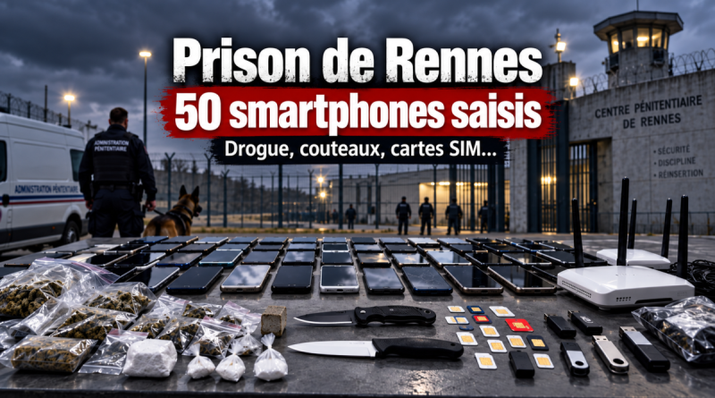 Illustration d’une importante saisie à la prison de Rennes-Vezin avec 50 smartphones, des stupéfiants, des couteaux, des cartes SIM et du matériel électronique découverts lors d’une fouille.
