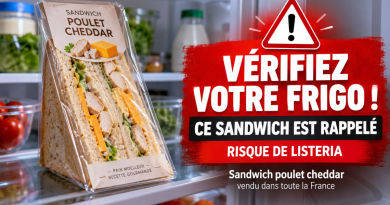 Illustration d’un sandwich poulet cheddar dans un réfrigérateur avec une alerte signalant un rappel produit en raison d’un risque de Listeria.