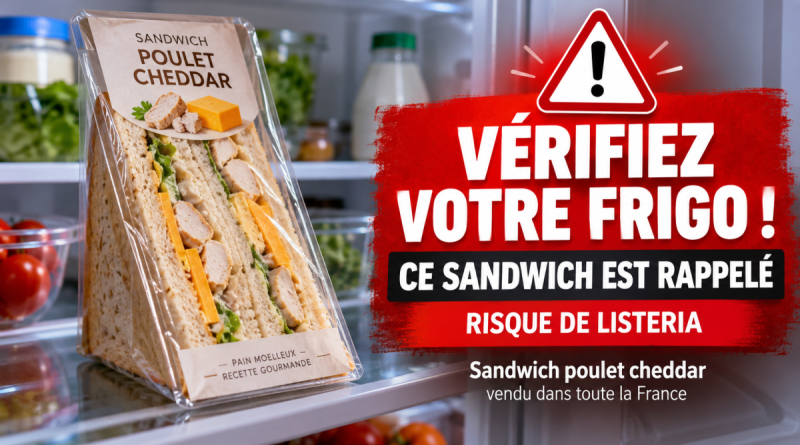 Illustration d’un sandwich poulet cheddar dans un réfrigérateur avec une alerte signalant un rappel produit en raison d’un risque de Listeria.