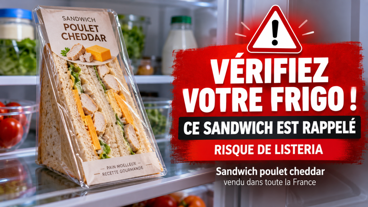 Illustration d’un sandwich poulet cheddar dans un réfrigérateur avec une alerte signalant un rappel produit en raison d’un risque de Listeria.